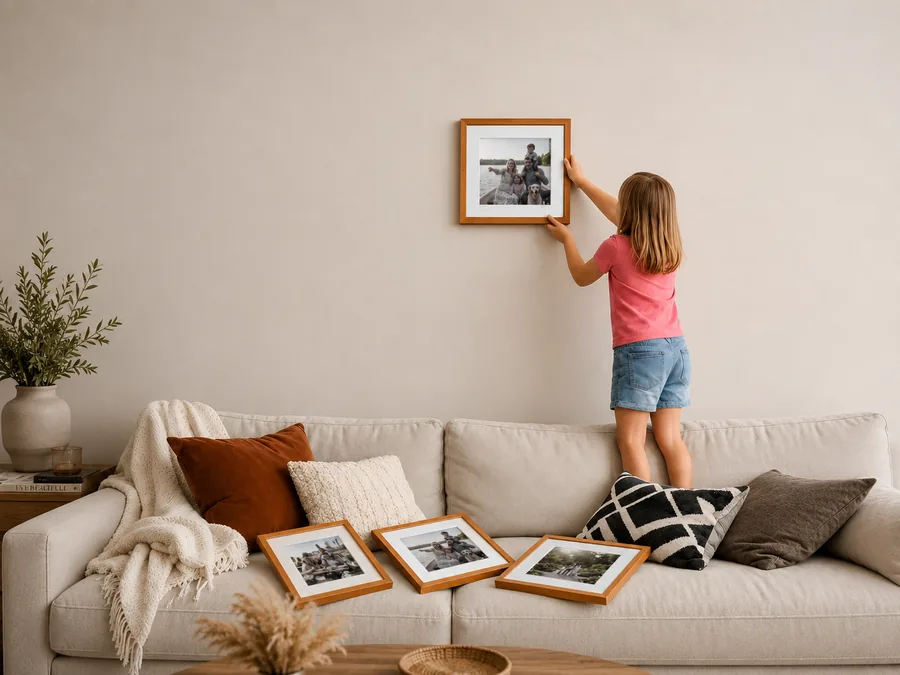 A living room wall with a fully custom Framedupp frame arrangement